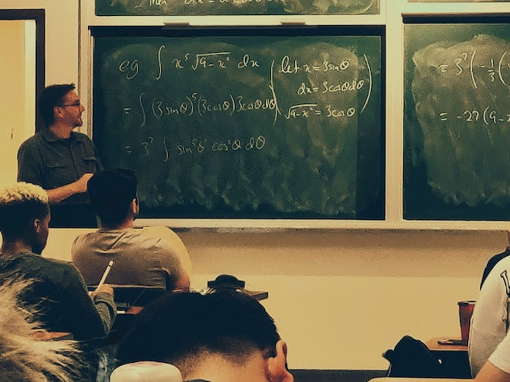 A photo of an instructor in a lecture hall.