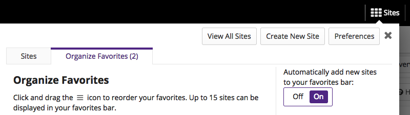 The Organize Favorites tab in the Sites drawer