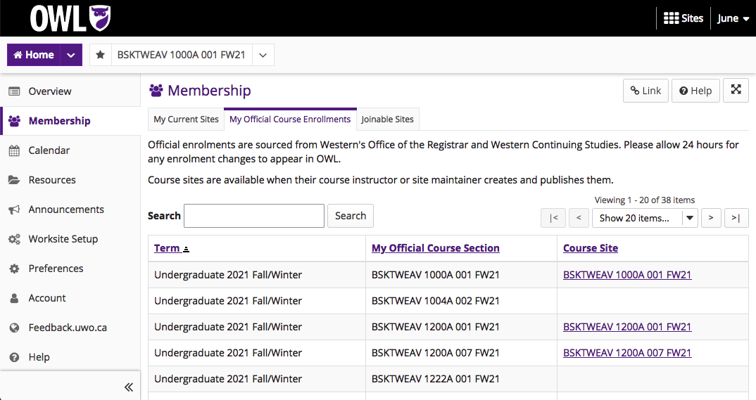 The My Official Course Enrolments page listing courses and links to course sites